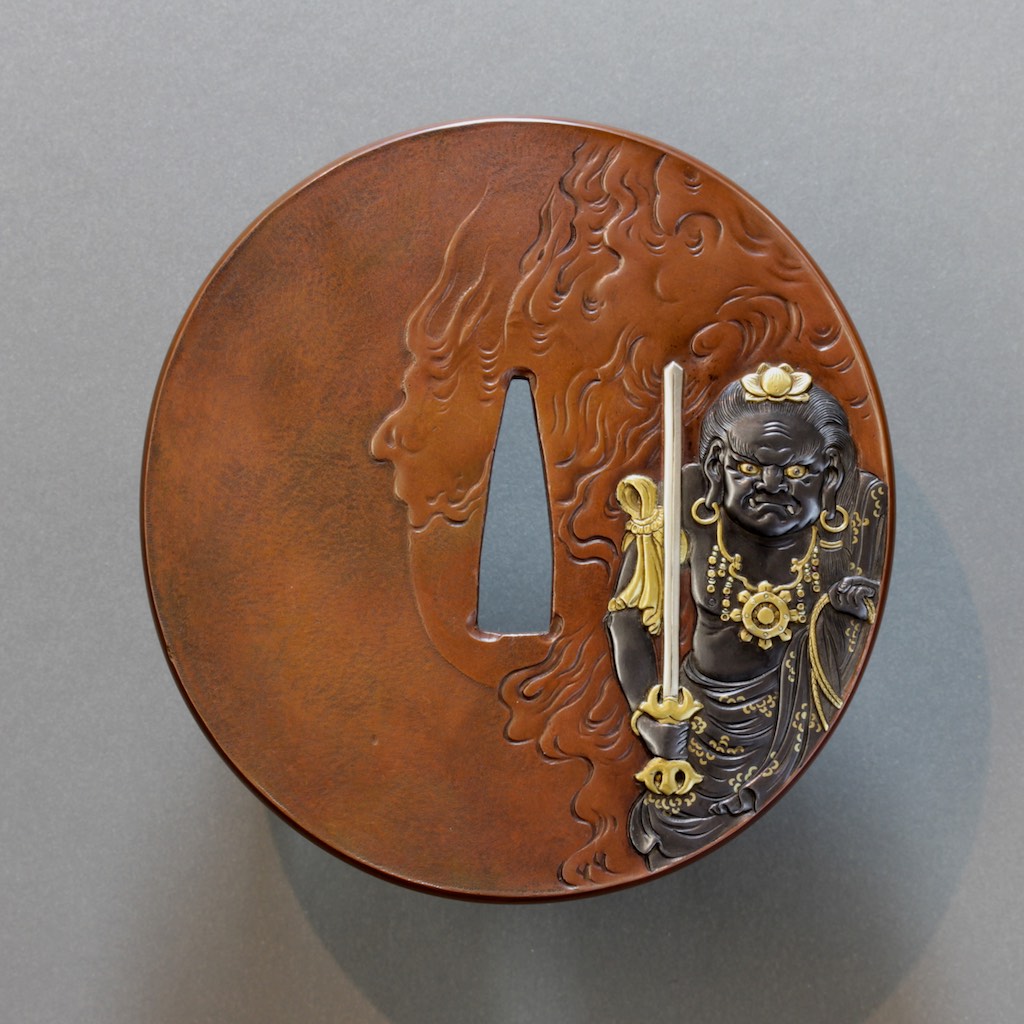 Tanabe Tomomasa - Mixed metal inlay Kinko tsuba with design of Fudo Myo ...